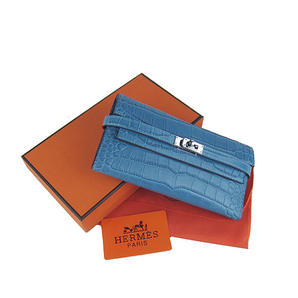 High Quality Hermes Kelly Crocodile Veins Long Clutch Bag Blue H009 Replica